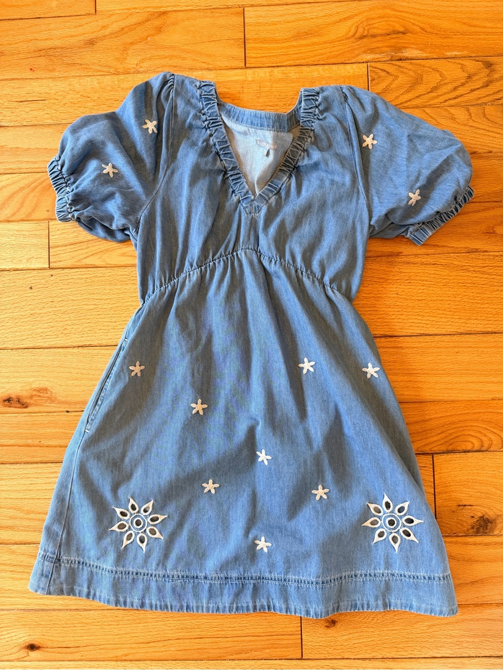 Oliver Bonas Mini Denim Dress with White Embroidered Flowers